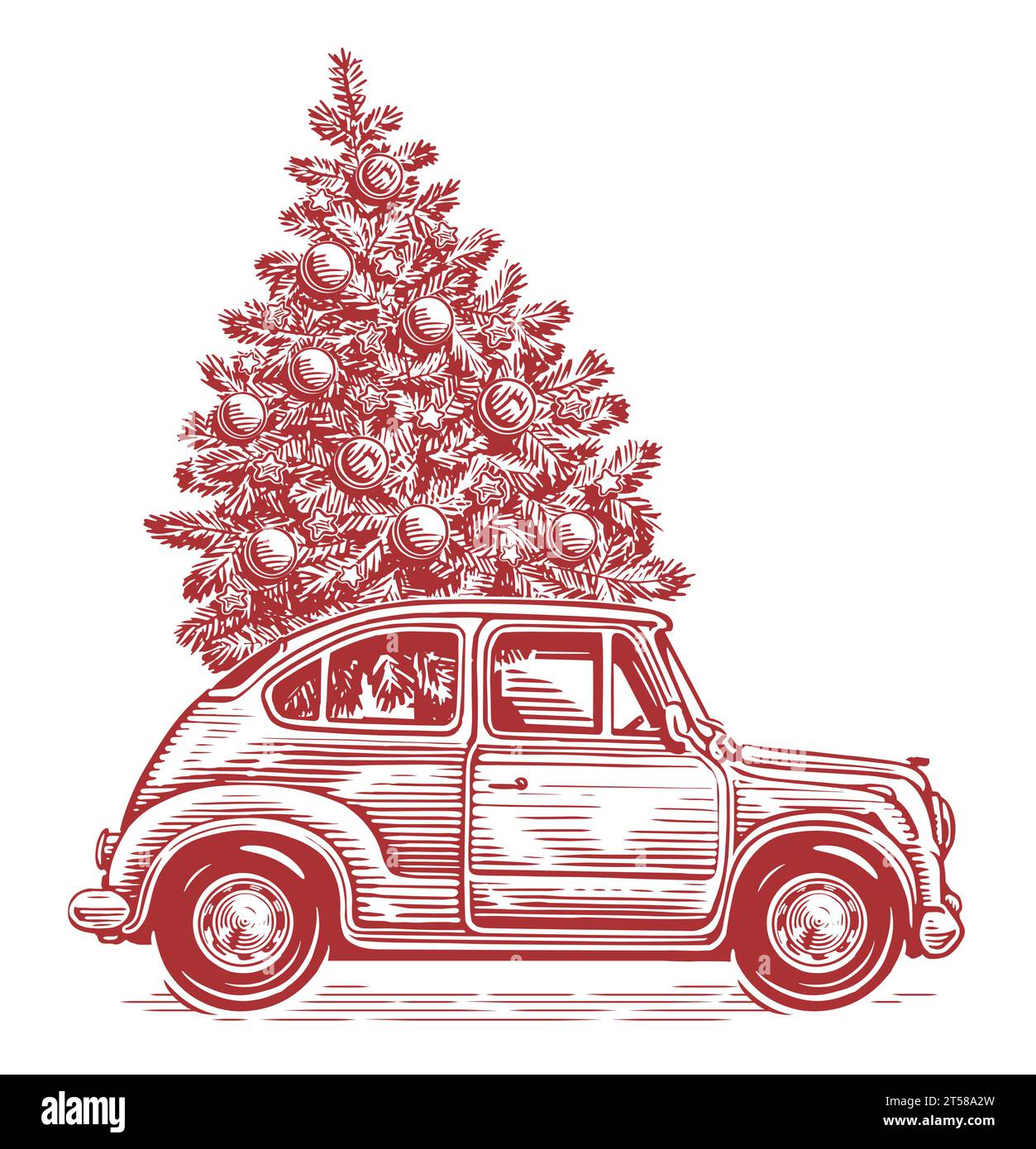 Auto retrò disegnata a mano e abete con decorazioni in stile vintage. Illustrazione vettoriale di Natale e Capodanno Illustrazione Vettoriale
