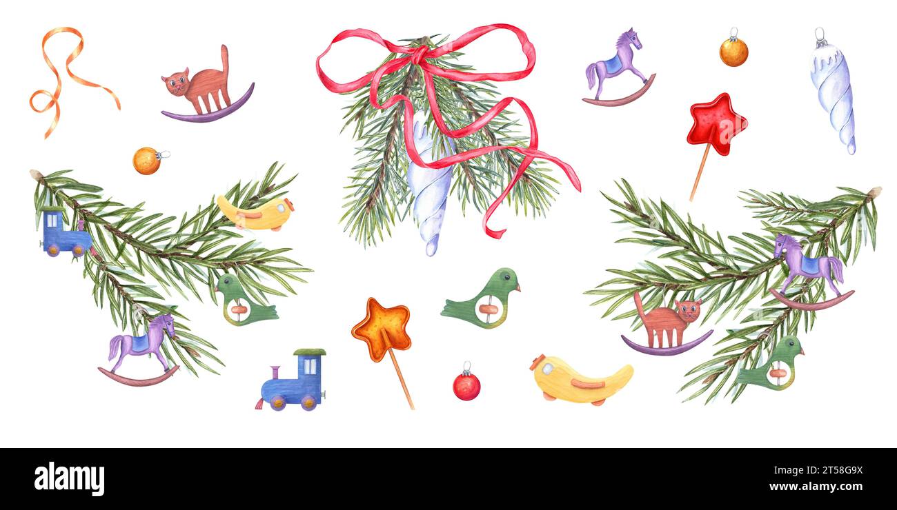 Ramo dell'albero di Natale decorato con giocattoli dell'albero di Natale. Giocattolo blu cicle di Natale, aereo, treno, uccello, cavallo. Decorazioni in legno per bambini su Spruce Branch Foto Stock