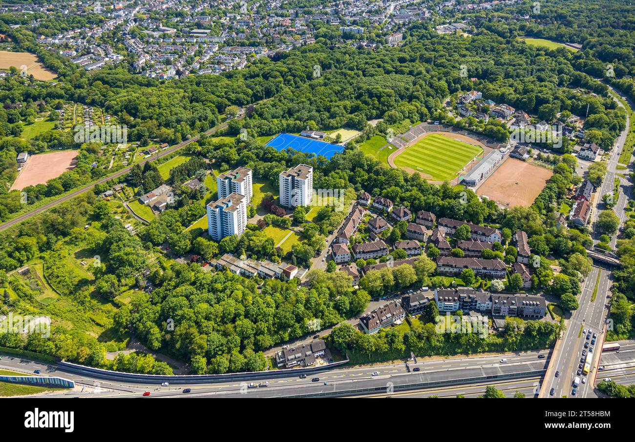 Vista aerea, Stadio Uhlenkrug, ETB SW Hockey - pitch, tre grattacieli Ulmenstraße, residenza Ulmenhof-Ulmengarten-Ulmenhang-Ulmenstraß Foto Stock