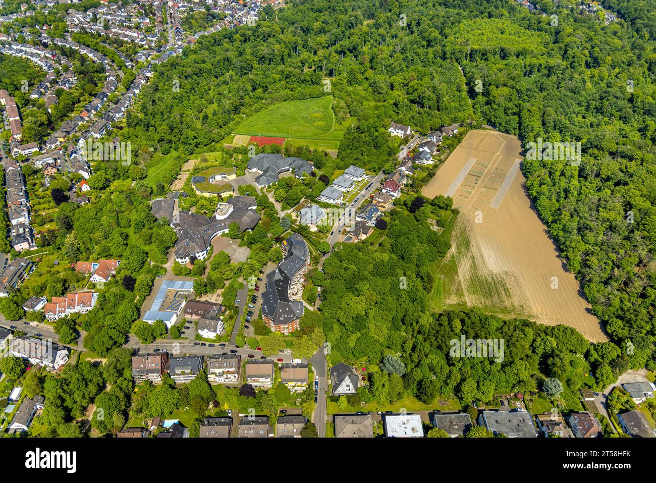 Vista aerea, Pott Gärten, campo di verdure a Vittinghoffstraße, scuola Waldorf, foresta cittadina, Essen, zona della Ruhr, Renania settentrionale-Vestfalia, Germania, Educat Foto Stock