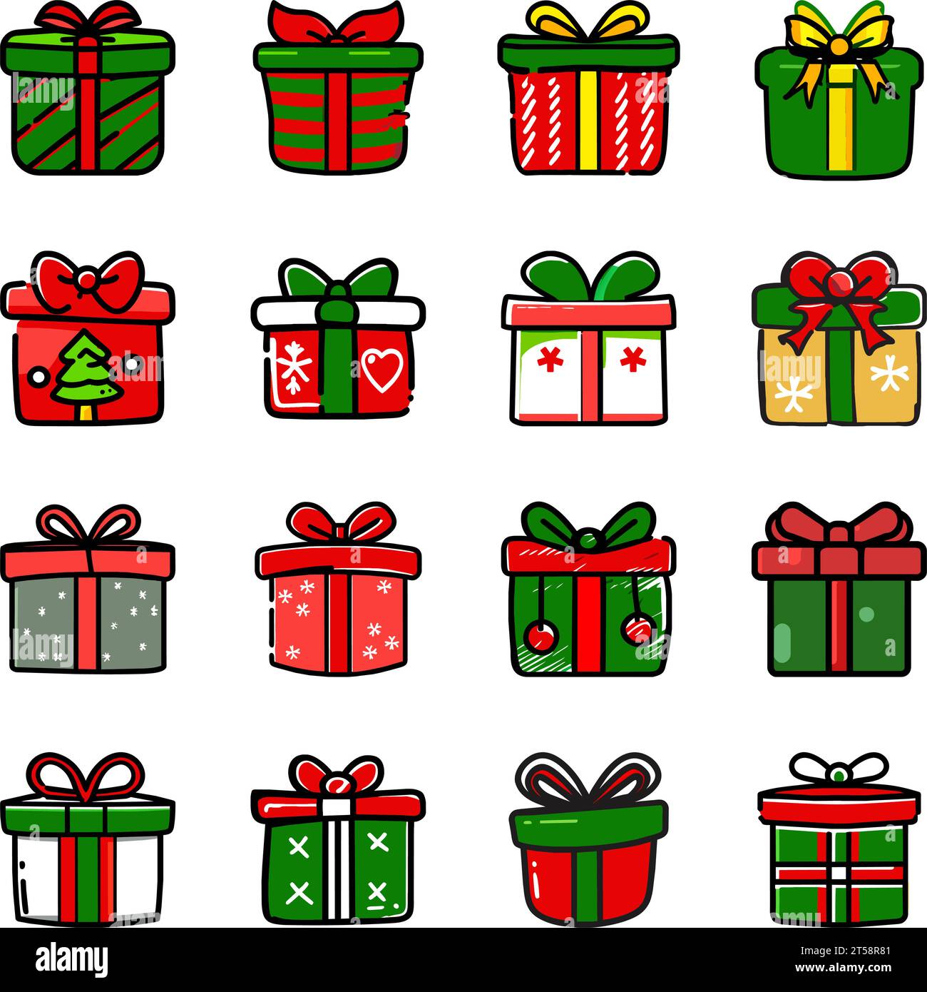 Confezioni regalo illustrate grafiche con vettoriali rosso e verde natalizio Set Bows Illustrazione Vettoriale