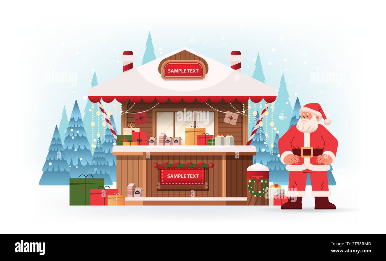 babbo natale in costume rosso vicino alla casa natalizia della vigilia di natale modello di festeggiamenti per l'anno nuovo in orizzontale Illustrazione Vettoriale