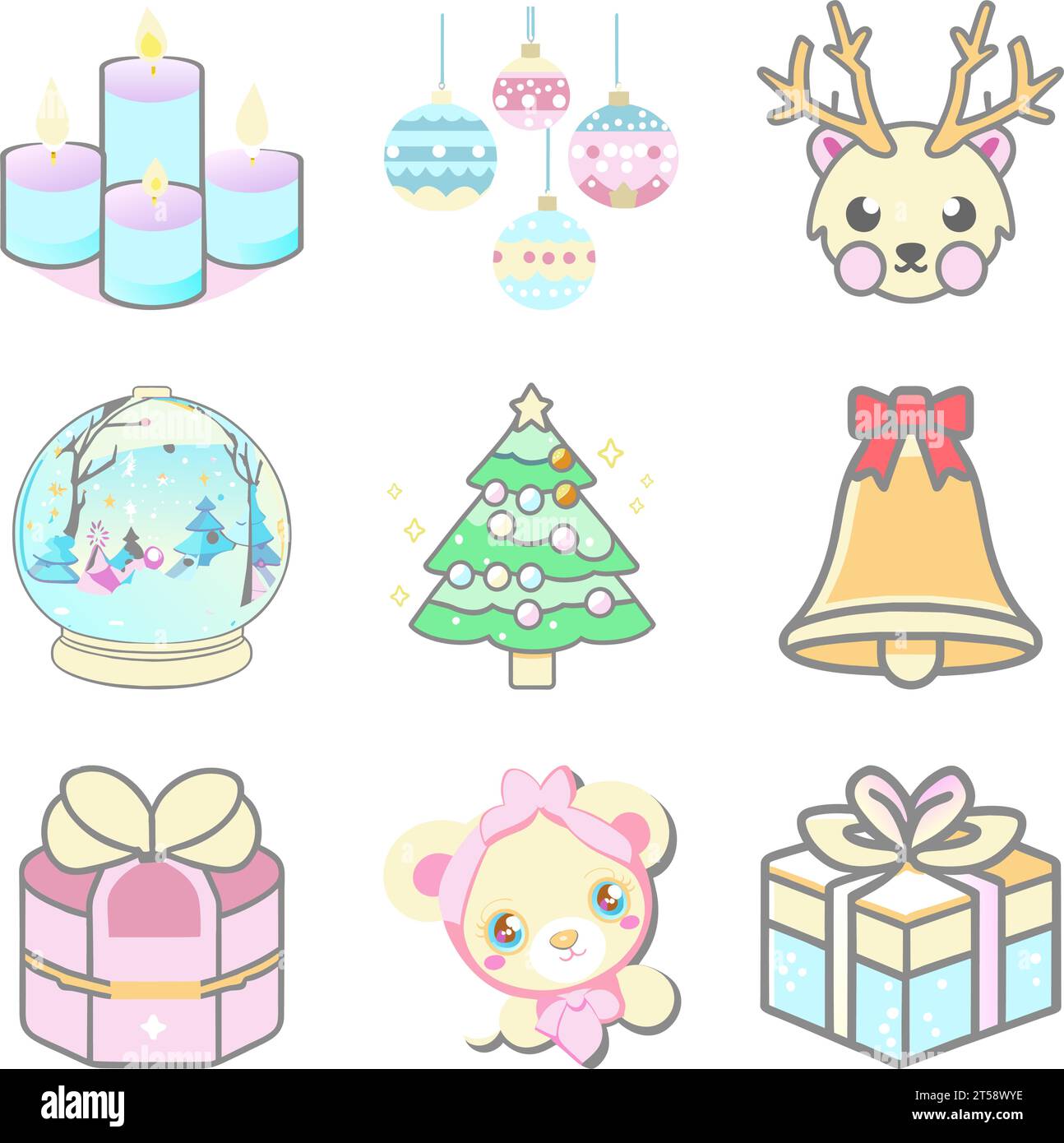 Grafica grafica grafica grafica raffigurata con alberi di Natale ornamenti campane palle natalizie regalo vettoriale Illustrazione Vettoriale