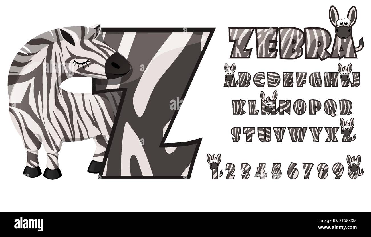 Simpatico set zebra con alfabeto completo e zebra per feste di compleanno, educazione per bambini, ornamenti, elementi Illustrazione Vettoriale