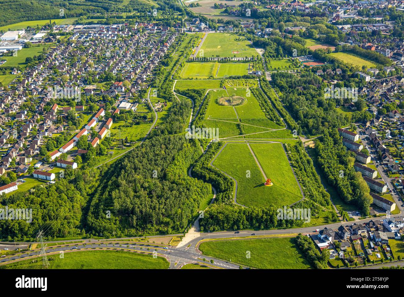 Vista aerea, Lippepark Hamm, Schacht Franz slag Heap, Isenbecker Hof Hof Housing estate, tra Juffernbuschstraße e Albert-Funk-Straße, Herringen dist Foto Stock