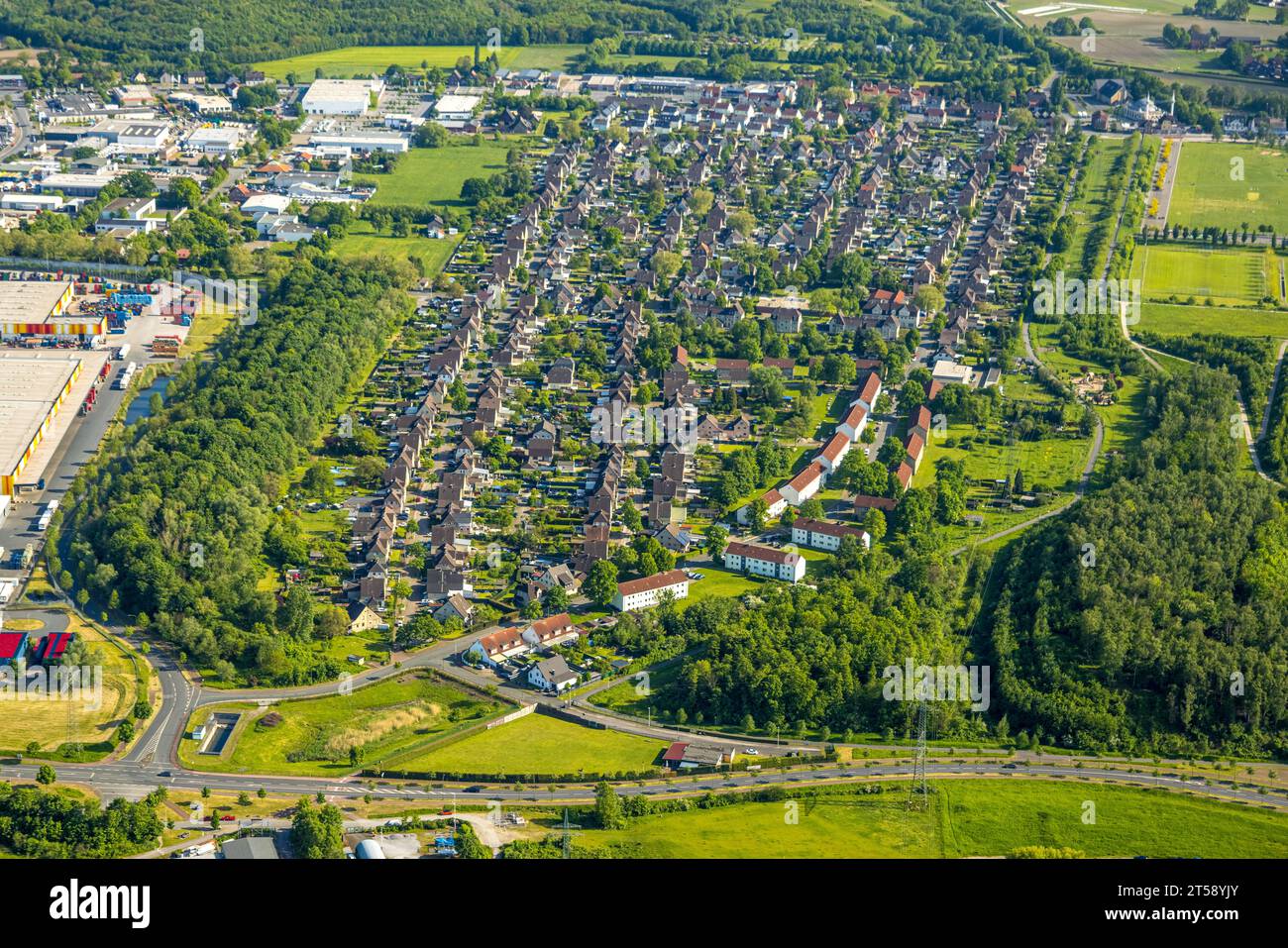 Vista aerea, Lippepark Hamm, Schacht Franz slag Heap, Isenbecker Hof Hof Housing estate, tra Juffernbuschstraße e Albert-Funk-Straße, Herringen dist Foto Stock