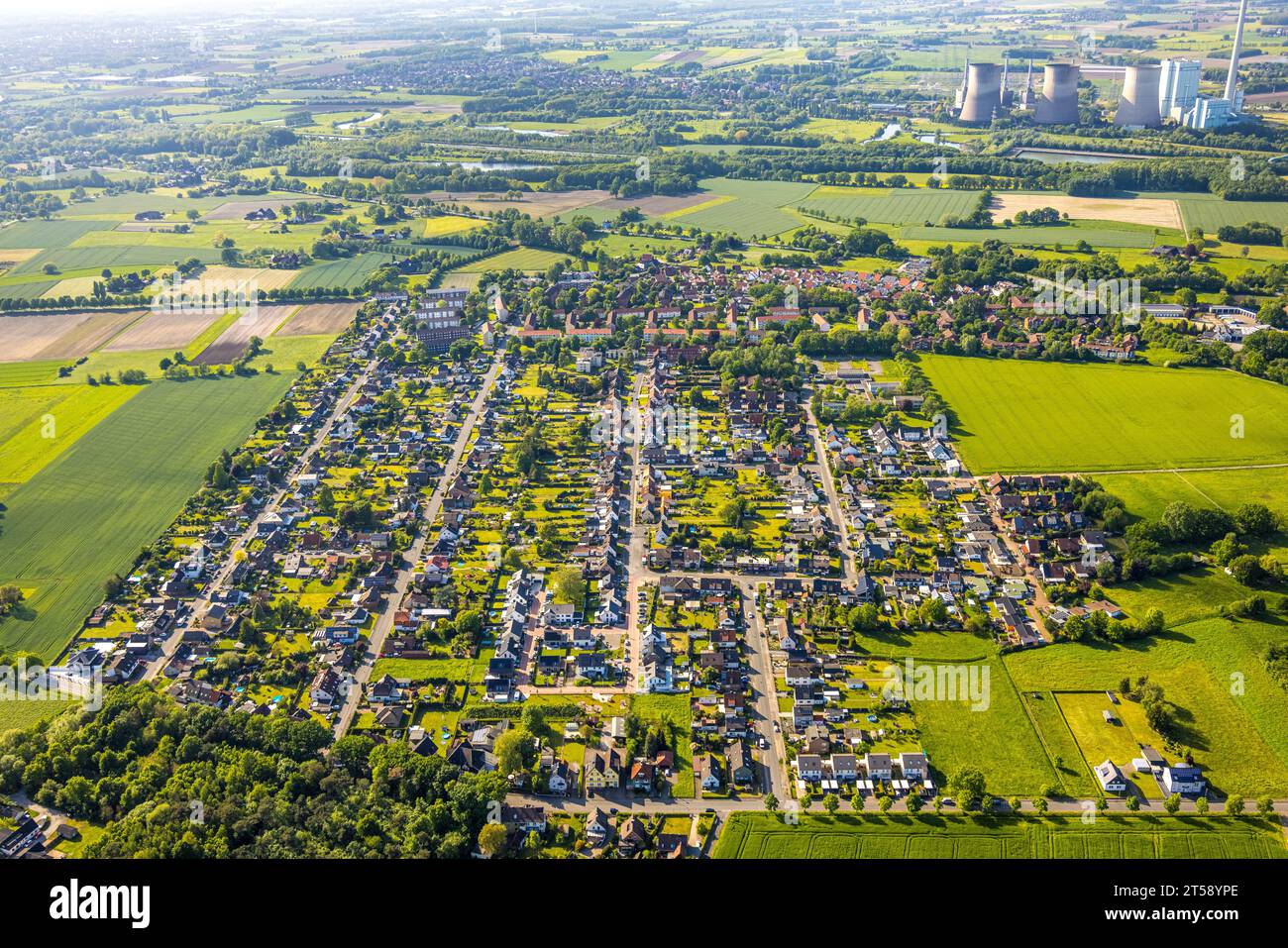 Veduta aerea, Herringer Heide, sullo sfondo la centrale elettrica RWE Generation se Gersteinwerk, distretto Herringen, Hamm, Ruhr, No Foto Stock