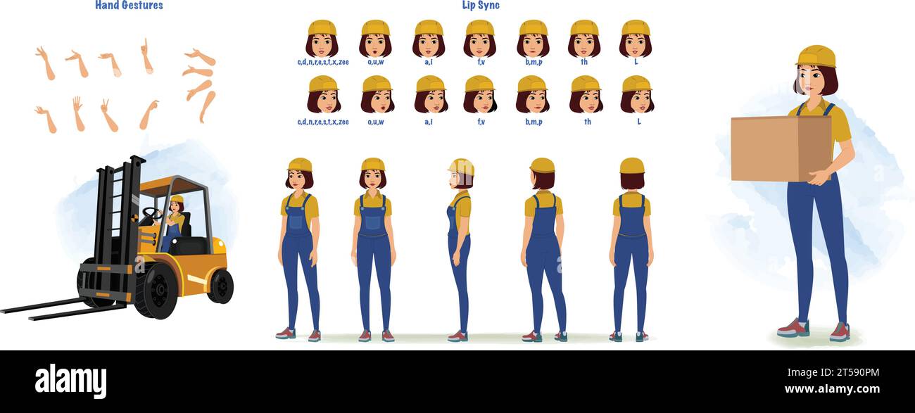 Handywoman, Builder Character Creation e Animation Pack, donna che indossa tute con attrezzi, attrezzatura, animazione bocca e sincronizzazione labbra Illustrazione Vettoriale