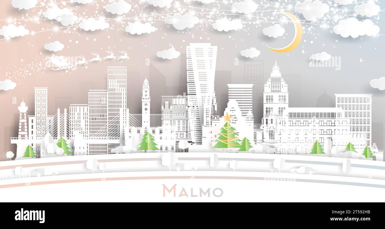 Malmo Svezia. Skyline della città invernale in stile cartaceo con fiocchi di neve, luna e ghirlanda al neon. Natale, Capodanno. Babbo Natale su Sleigh. Illustrazione Vettoriale