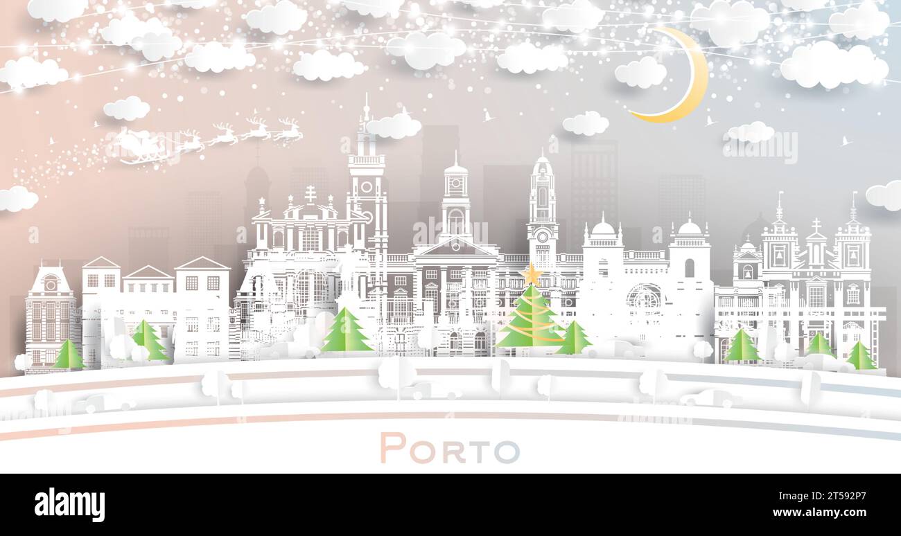 Porto Portugal. Skyline della città invernale in stile cartaceo con fiocchi di neve, luna e ghirlanda al neon. Natale, Capodanno. Babbo Natale su Sleigh. Illustrazione Vettoriale