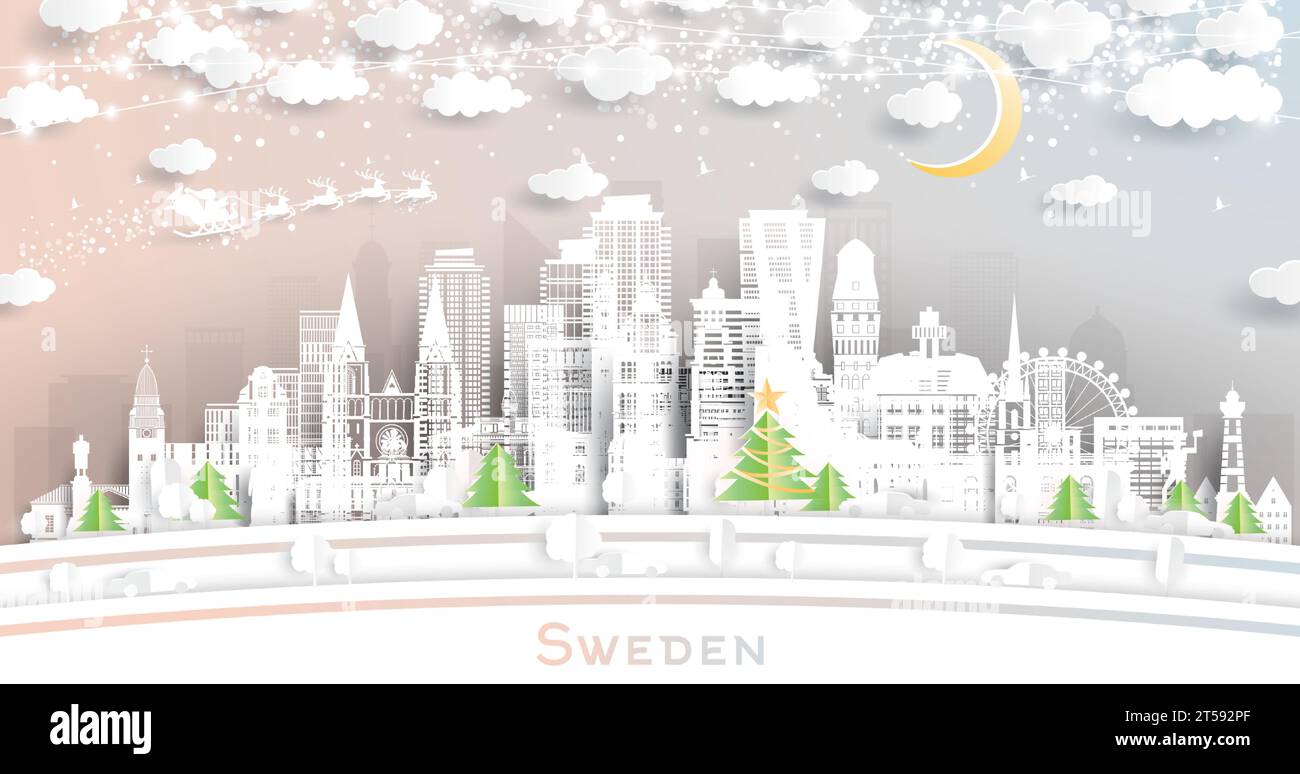 Svezia. Skyline invernale della città in stile cartaceo con fiocchi di neve, luna e ghirlande al neon. Natale, concetto di Capodanno. Babbo natale in slitta. Illustrazione Vettoriale