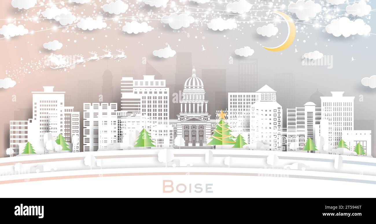 Boise Idaho. Skyline invernale della città in stile cartaceo con fiocchi di neve, luna e ghirlande al neon. Natale e Capodanno. Babbo Natale in slitta. Illustrazione Vettoriale