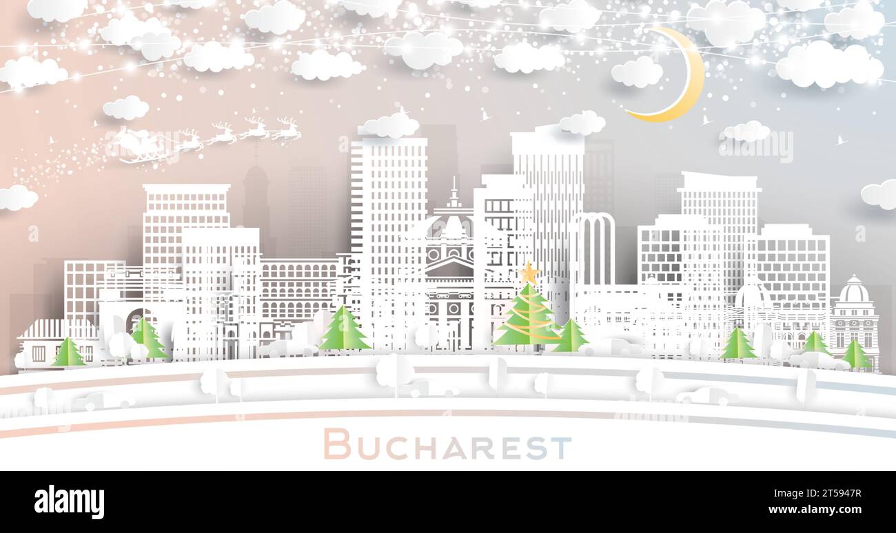 Bucarest Romania. Skyline invernale della città in stile cartaceo con fiocchi di neve, luna e ghirlande al neon. Natale e Capodanno. Illustrazione Vettoriale