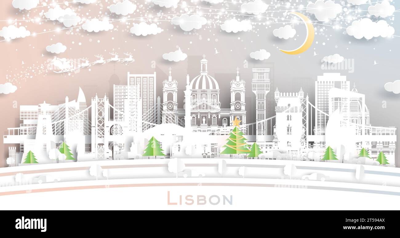 Lisbona Portogallo. Skyline della città invernale in stile cartaceo con fiocchi di neve, luna e ghirlanda al neon. Natale, Capodanno. Babbo Natale su Sleigh. Illustrazione Vettoriale