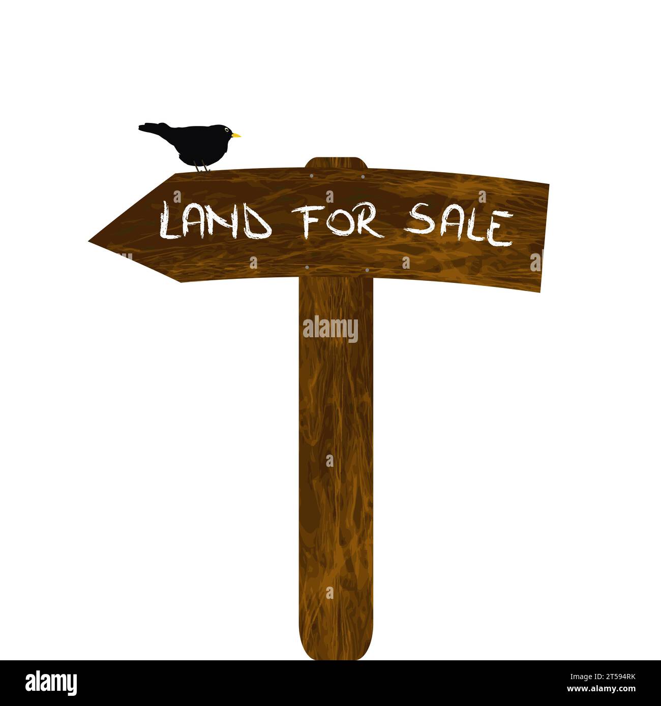 Terreni in vendita. Cartellone in legno con un uccello nero Illustrazione Vettoriale