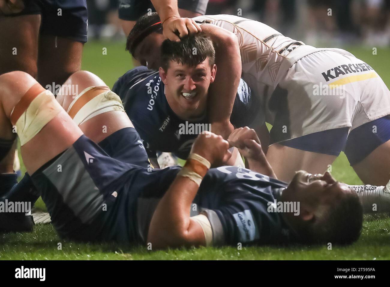 Manchester, Regno Unito. 3 novembre 2023. Prova sale Sharks Ben Curry*** durante il Gallagher Premiership Rugby Match tra sale Sharks e Gloucester all'AJ Bell Stadium, Manchester, Regno Unito il 3 novembre 2023. Foto di Simon Hall. Solo per uso editoriale, licenza necessaria per uso commerciale. Nessun utilizzo in scommesse, giochi o pubblicazioni di un singolo club/campionato/giocatore. Credito: UK Sports Pics Ltd/Alamy Live News Foto Stock