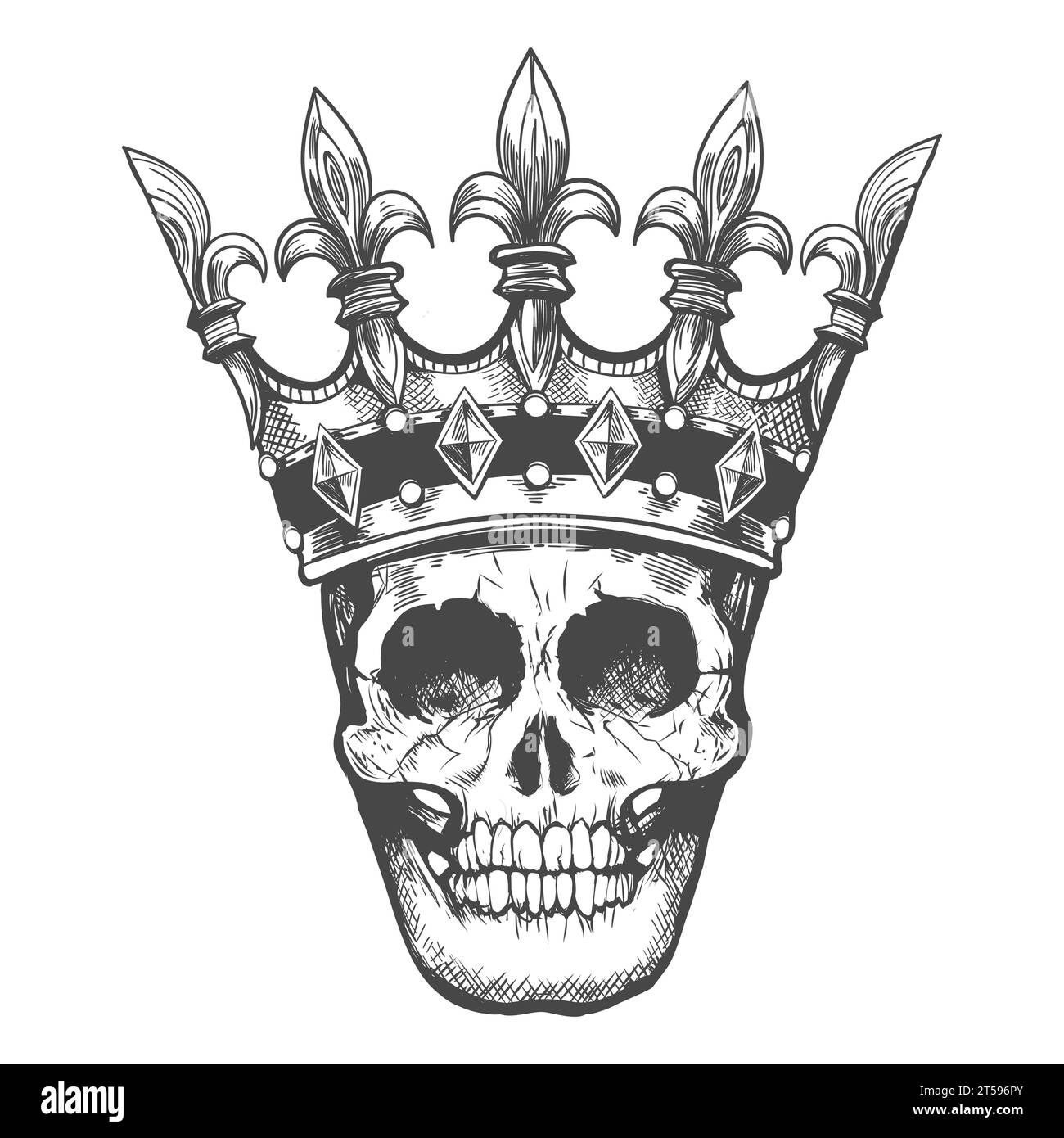 Incisione tatuaggio monocromatico del cranio umano in un'illustrazione vettoriale della corona isolata su bianco. Illustrazione Vettoriale