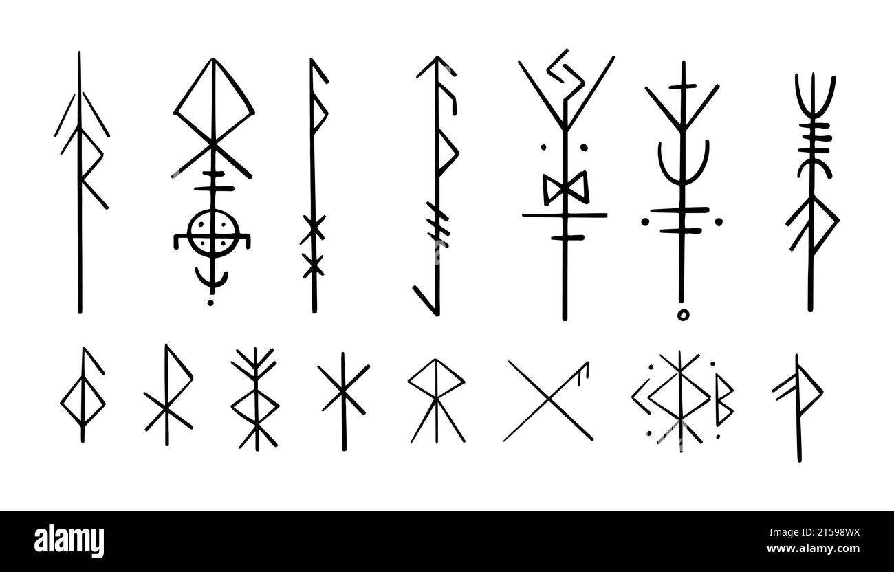 Rune celtiche nordiche, simboli di protezione norreni in stile doodle, amuleto, segni stregoneria su sfondo bianco. Illustrazione vettoriale Illustrazione Vettoriale