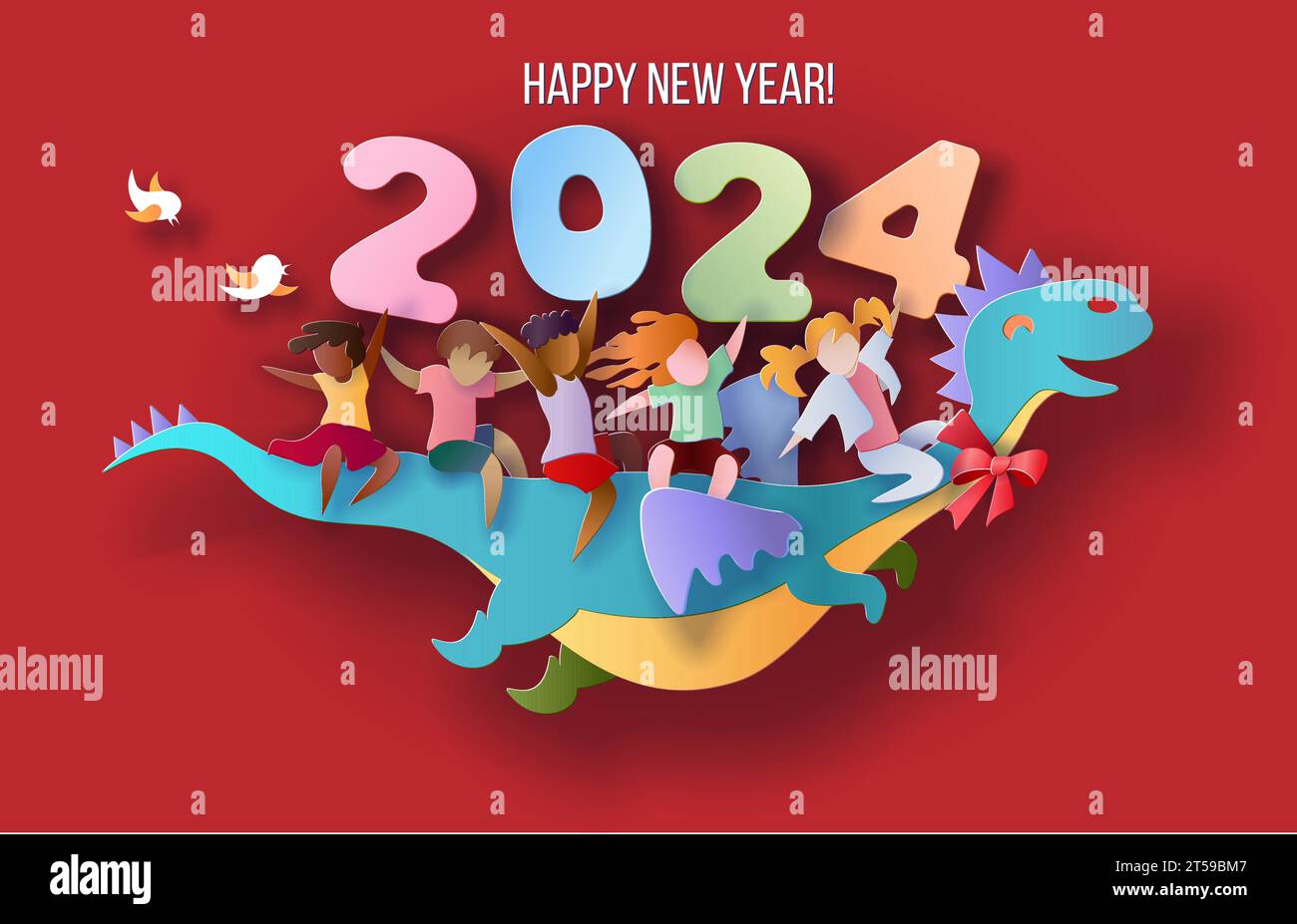 Carta di design per Capodanno 2024 con i bambini che volano su un drago su sfondo viola Illustrazione Vettoriale