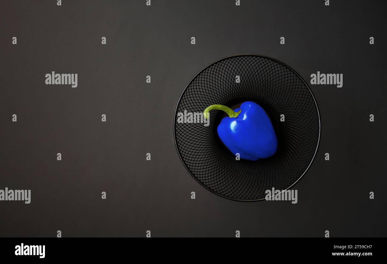 Carta da parati minimalista con pepe di paprika su uno sfondo solido e scuro. Copia spazio. Modernità, risorse alimentari, sostenibilità, creatività Foto Stock