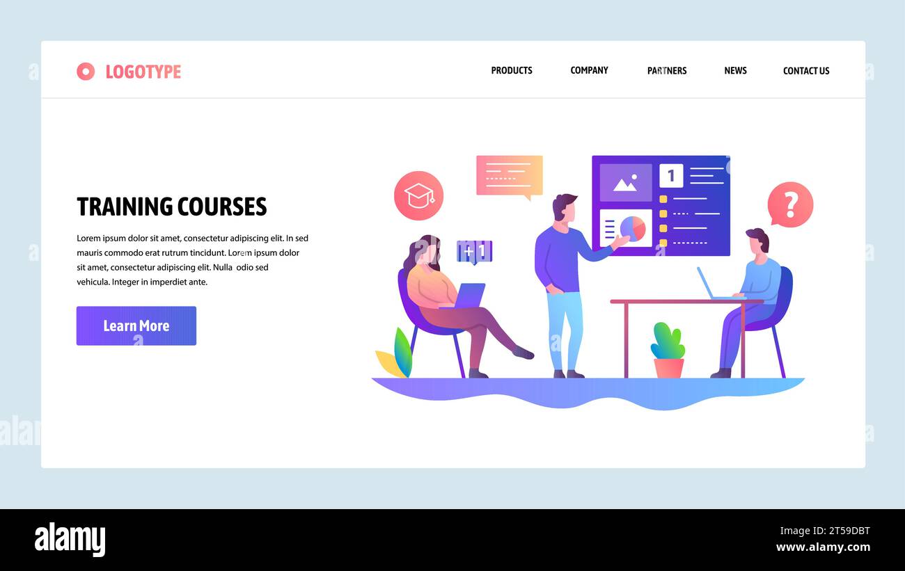 Modello di progettazione di siti Web vettoriali. Riunione d'affari e presentazione. Corso di formazione con tutor. Concetti di landing page per lo sviluppo di siti Web e dispositivi mobili Illustrazione Vettoriale
