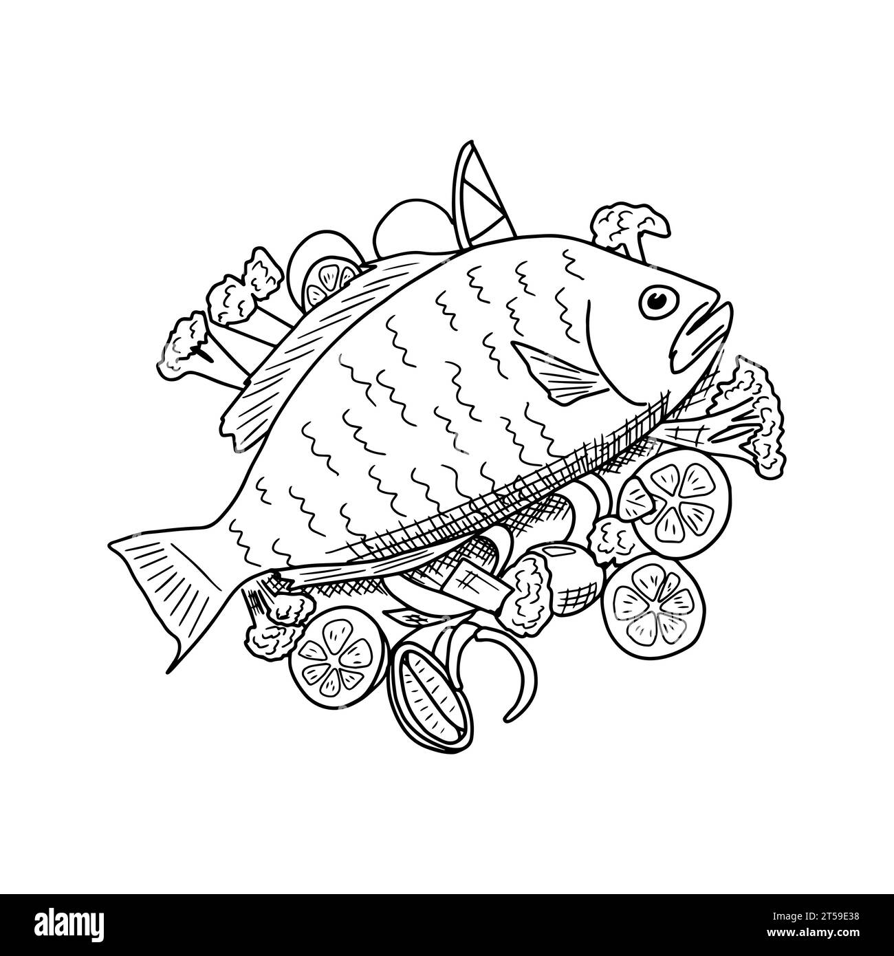 Illustrazione vettoriale disegnata a mano. Pesce fritto con verdure. Illustrazione Vettoriale