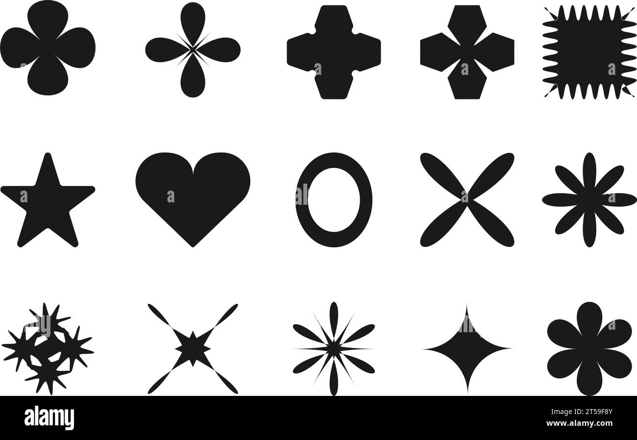 Cifre astratte Y2K . Forme geometriche fiori stelle cuore. Progettazione stampa stampa poster. Illustrazione Vettoriale