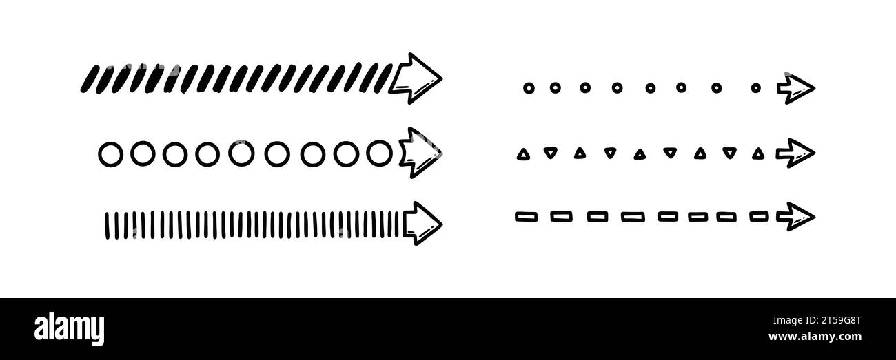 Set di puntini, trattini, frecce strette dirette. Linea di schizzo. Elemento di design digitale. Fare clic su illustrazione vettoriale disegnata a mano Illustrazione Vettoriale