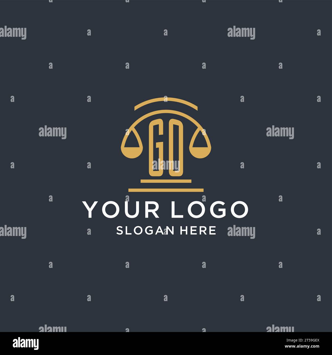 INIZIATE con il modello di design del logo Justice, le idee per il design del logo del legale e della legge di lusso, la grafica vettoriale Illustrazione Vettoriale