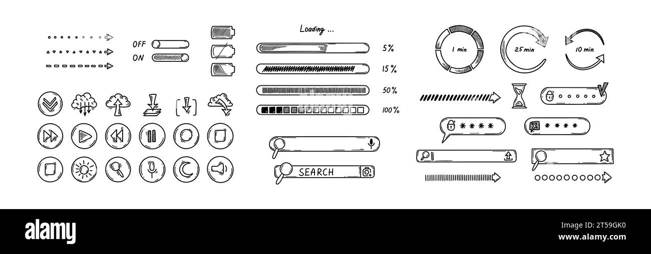 Elementi di progettazione dell'interfaccia Doodle. Fare clic su raccolta icone. Barre di caricamento dello schizzo, caselle di ricerca, interruttore di accensione/spegnimento, finestra della password, livello del caricabatteria Illustrazione Vettoriale