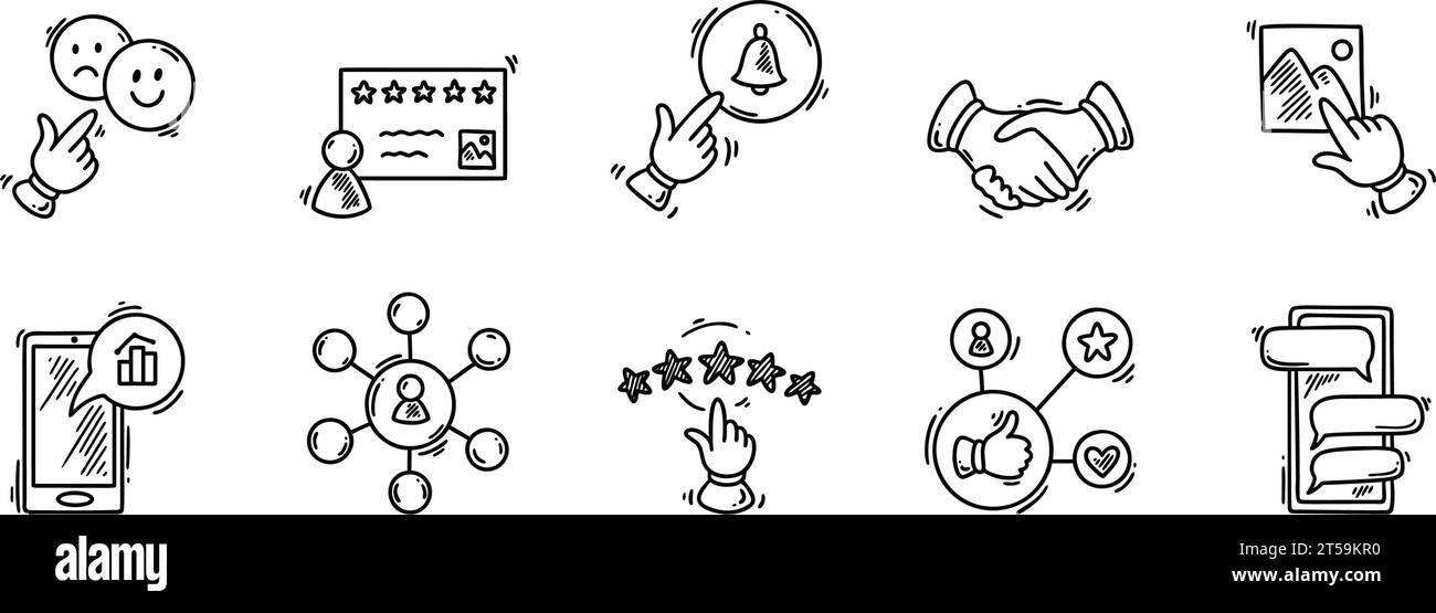 Icone delle testimonianze e delle recensioni dei clienti. Feedback positivo e negativo sull'esperienza. Cinque stelle. Notifiche attivate. Seguitelo sui social media. S Illustrazione Vettoriale