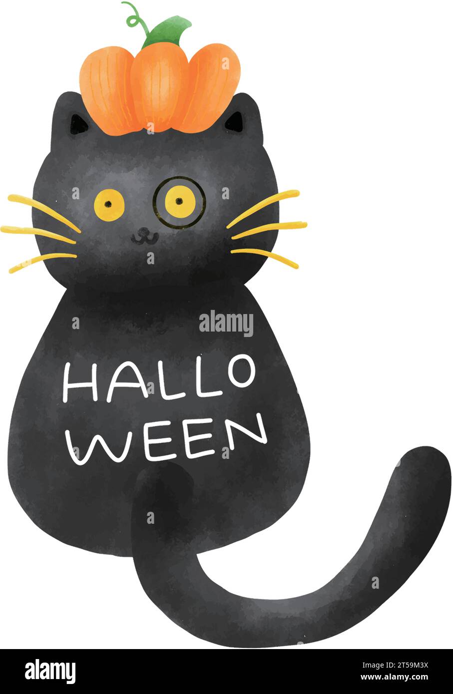 Inquietante e carino: Gatto nero di Halloween con cappello di zucca seduto su strada in stile acquerello Illustrazione Vettoriale