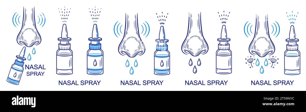 Spray nasale medicina naso che cola, allergia rinite malattia trattamento medico linea icona set. Flacone da farmacia. Influenza, sinusite. Respirare vettore di salute degli organi Illustrazione Vettoriale