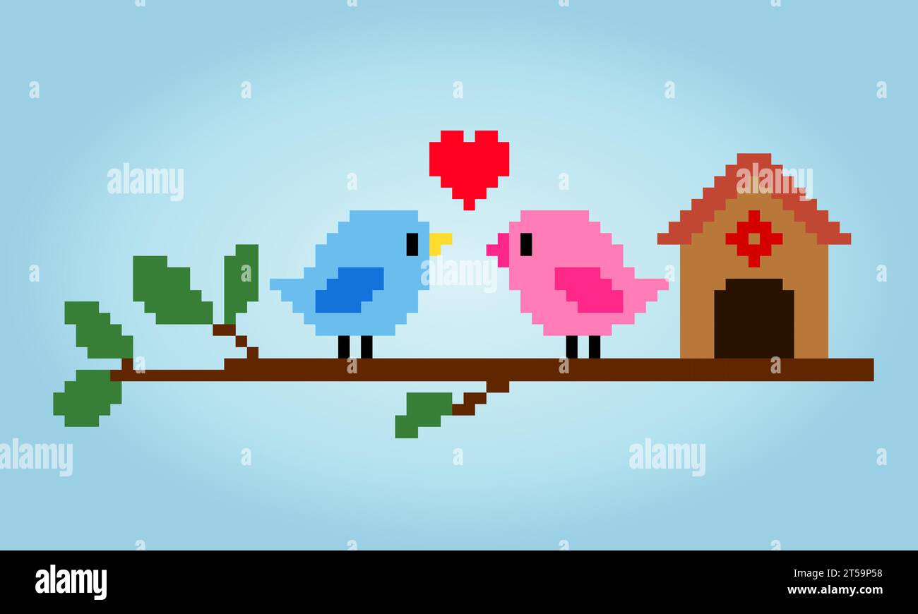 8 bit pixel un paio di uccelli. Animali per le risorse di gioco e motivi di cucitura incrociata in illustrazioni vettoriali. Illustrazione Vettoriale