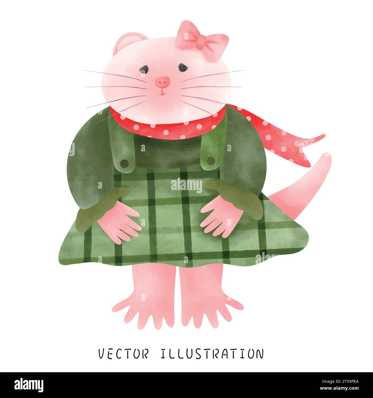 Allegro abito rosa in quadri verde per festeggiare il Natale in stile acquerello Illustrazione Vettoriale