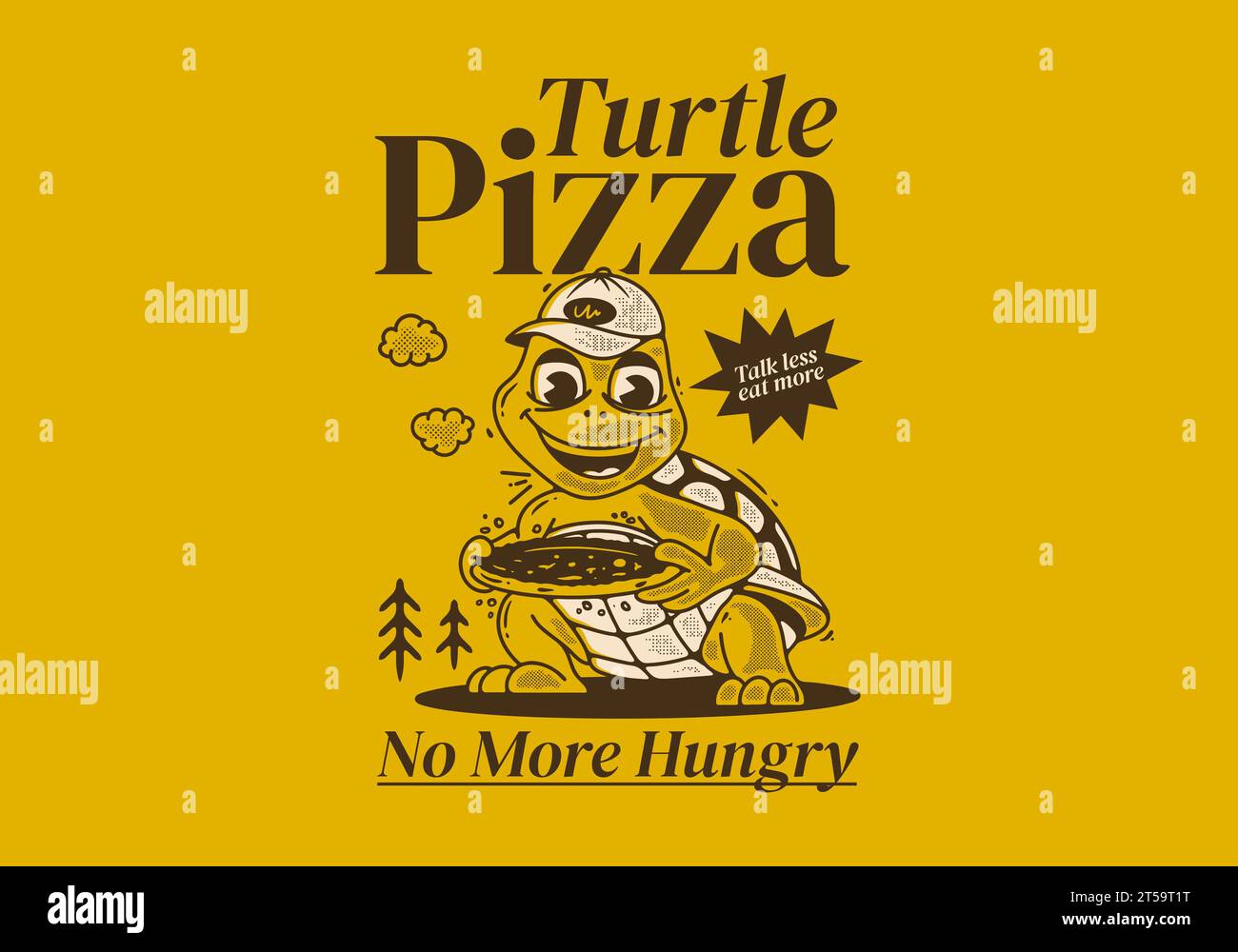 Turtle pizza, basta fame. Illustrazione del personaggio di una mascotte di una tartaruga che tiene una pizza Illustrazione Vettoriale