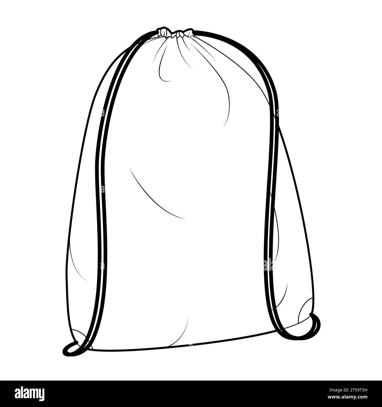 Borsa con coulisse e zaino con silhouette. Illustrazione tecnica degli accessori moda. Borsa a mano vettoriale frontale vista a 3-4° per uomo, donna, unisex, borsetta piatta con disegno CAD isolato Illustrazione Vettoriale