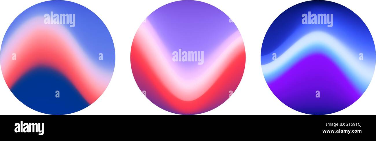 Set di sfondo tondo e ondulato colorato. Raccolta di sfondi a onde liquide sfocate. Sfondi astratti iridescenti viola blu in cerchi. Modello vettoriale per banner, volantini, copertina, poster, collage Illustrazione Vettoriale