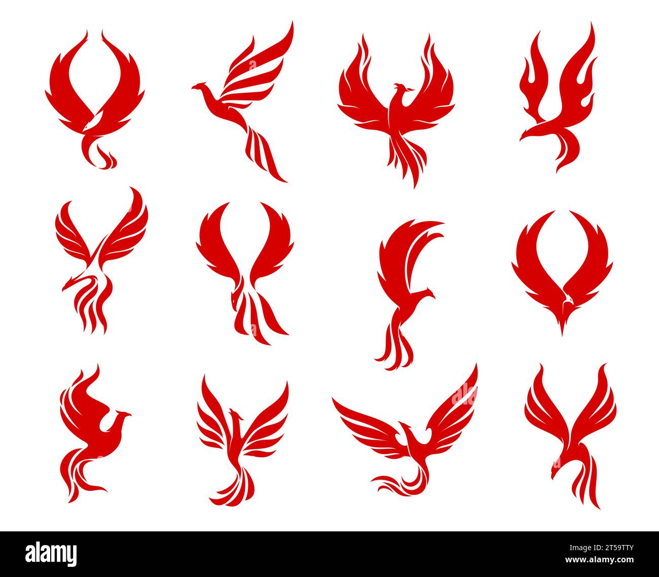 Icone degli uccelli Red phoenix, firebird che vola sulle ali di fuoco, emblemi aziendali vettoriali. Phoenix o simboli creativi della silhouette di falco, falco e aquila per il marchio di moda o boutique di lusso Illustrazione Vettoriale