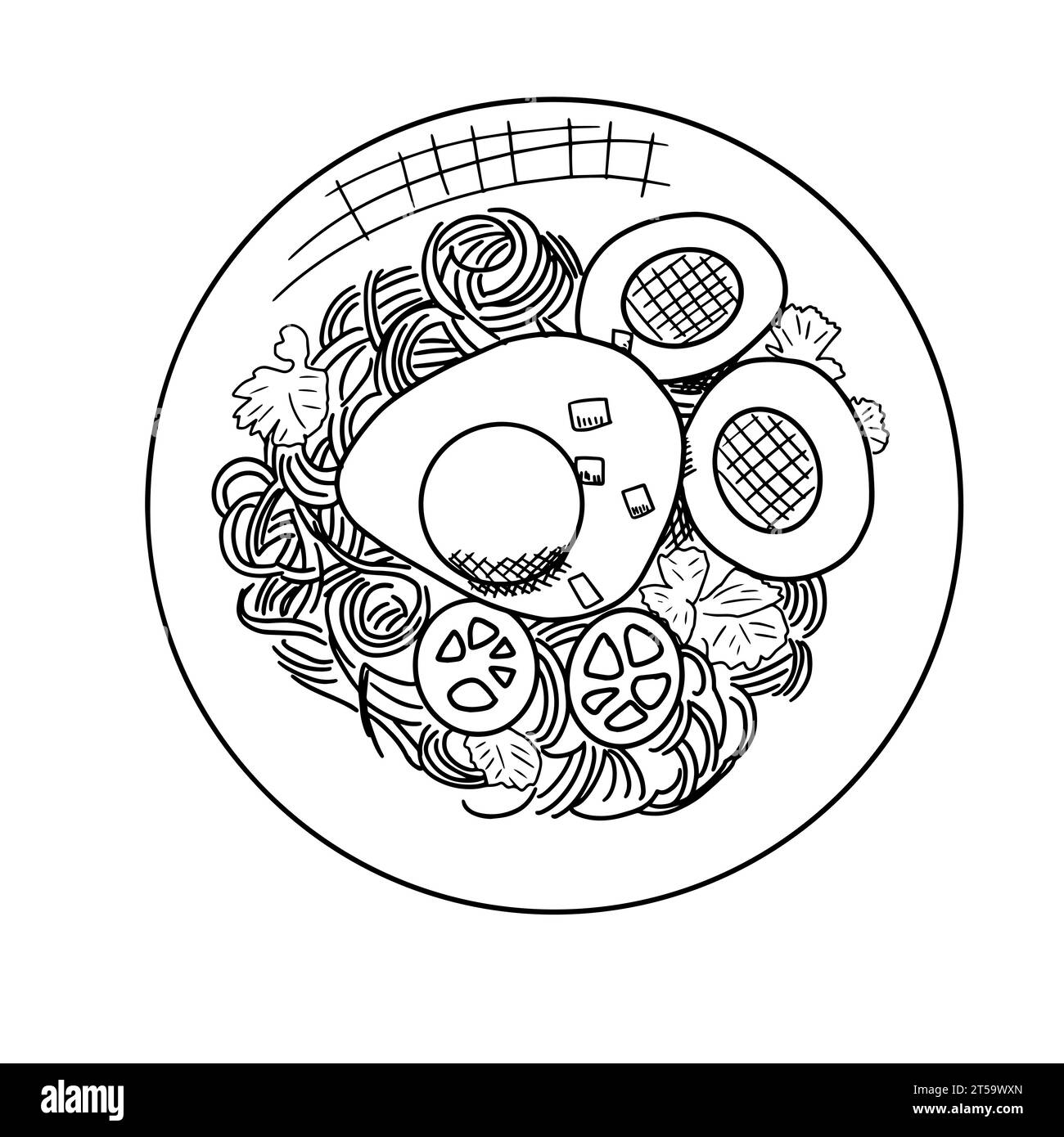 Illustrazione vettoriale disegnata a mano di tagliatelle con uova e verdure nel recipiente. Illustrazione Vettoriale