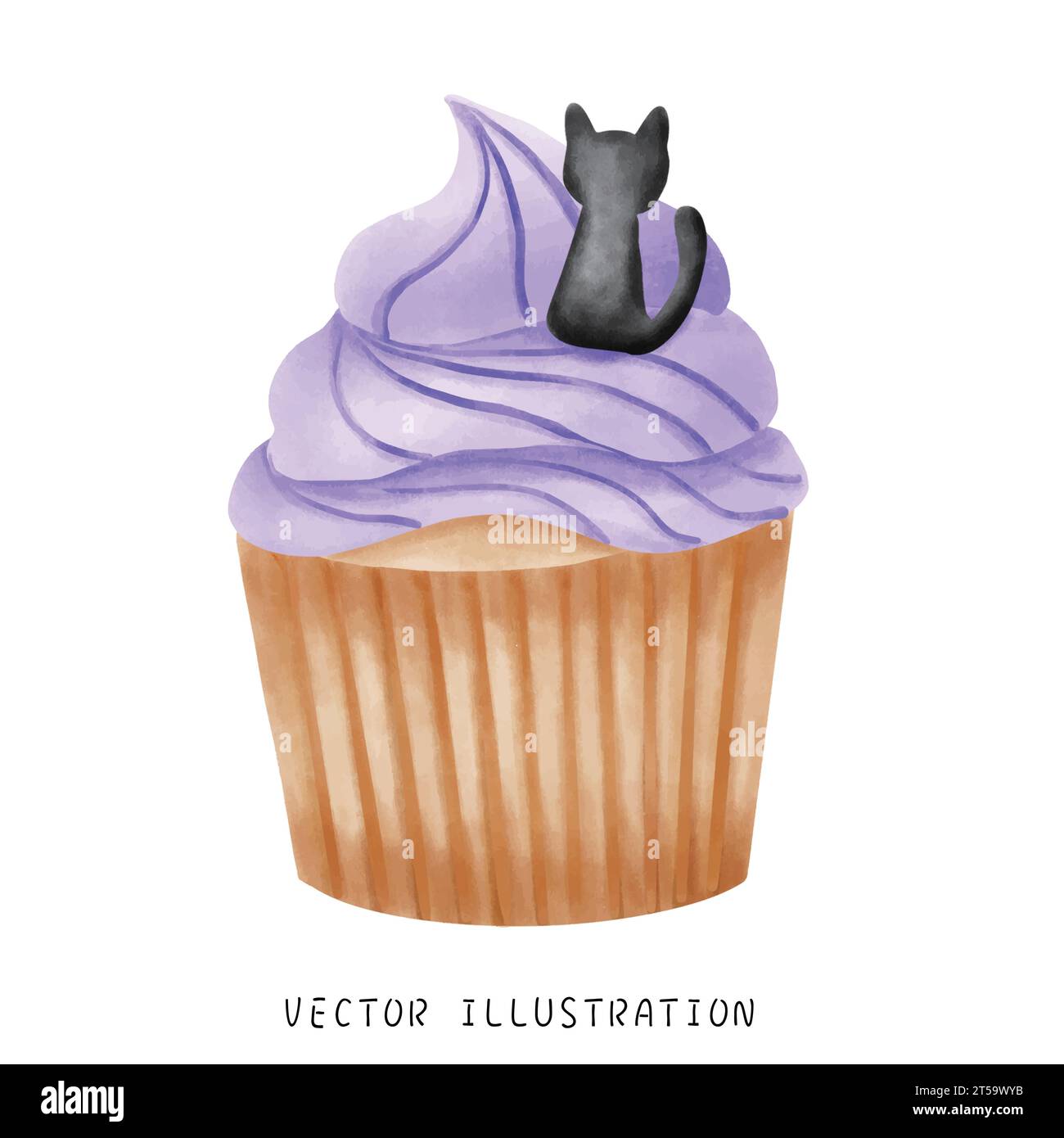 Deliziati con l'incantevole bellezza di Halloween con questa accattivante illustrazione ad acquerello. Un incantevole gatto nero adorna con grazia un cupcake viola, Illustrazione Vettoriale