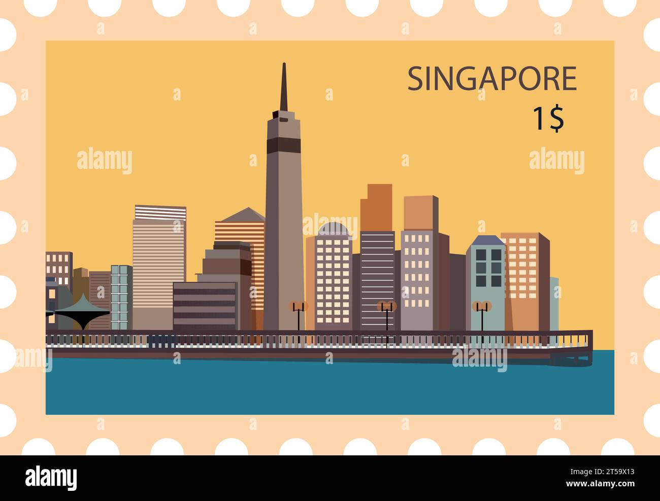 Francobollo postale con il famoso skyline di SINGAPORE Illustrazione Vettoriale