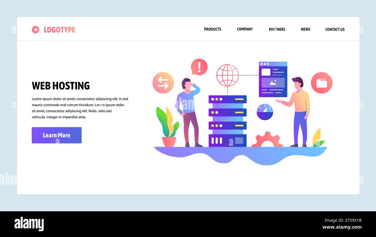 Modello di progettazione di siti Web vettoriali. Web hosting e data center. Concetti di landing page per lo sviluppo di siti Web e dispositivi mobili. Illustrazione piatta moderna Illustrazione Vettoriale