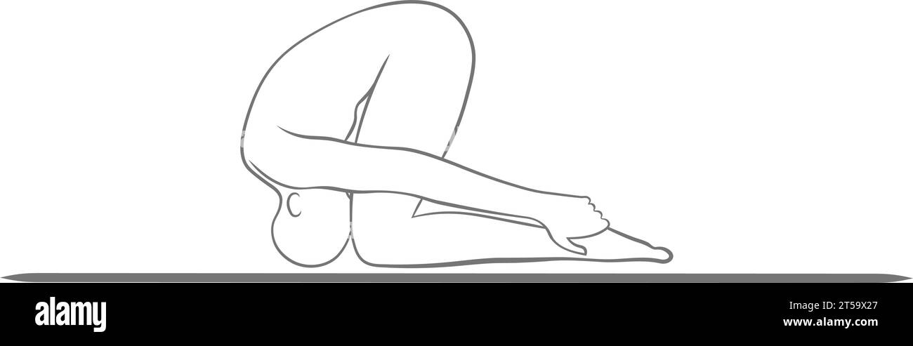 La figura umana esegue la posa di coniglio o sasangasana nella pratica dello yoga per raggiungere benessere e relax Illustrazione Vettoriale