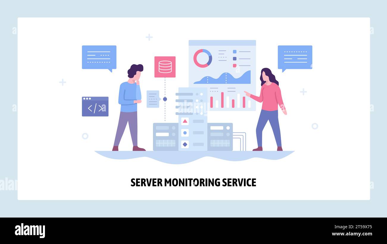 Modello di progettazione di siti Web vettoriali. Sistema di monitoraggio del server del data center. Tabella delle prestazioni di rete e computer. Concetti della landing page per il sito Web e m Illustrazione Vettoriale