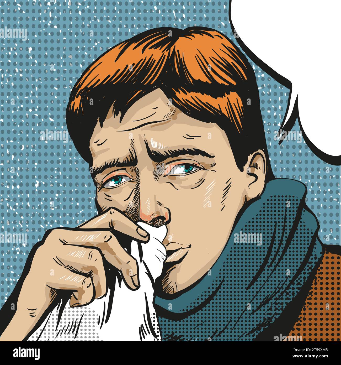 Illustrazione vettoriale dell'uomo che ha un raffreddore o ha l'influenza, il suo naso sta correndo. Uomo malato in stile comico pop art. Illustrazione Vettoriale