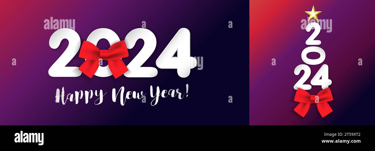 Felice concept di design per il nuovo anno 2024 con numeri di carta e fiocco rosso. Illustrazione vettoriale di un albero di Natale con cifre decorate con una stella dorata Illustrazione Vettoriale