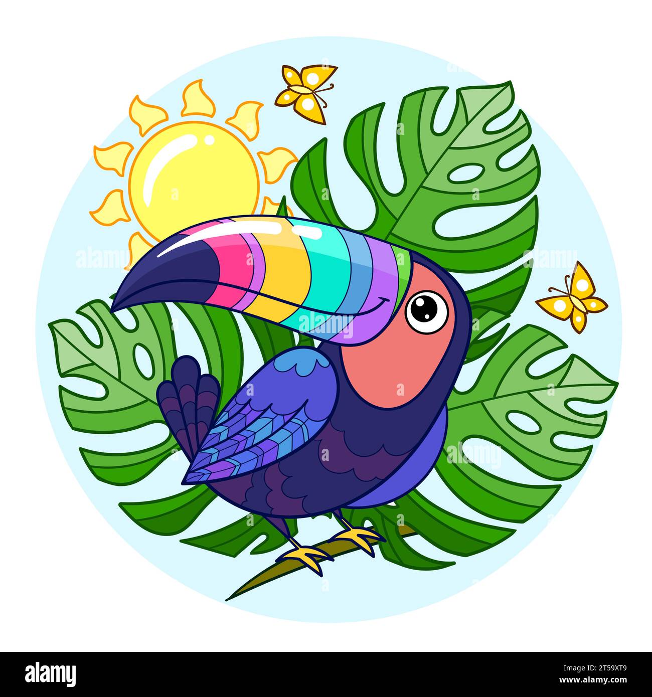 Tucano dei cartoni animati tra foglie di monstera. Per la progettazione di stampe, poster, adesivi, cartoline, puzzle per bambini, ecc.. Illustrazione vettoriale Illustrazione Vettoriale