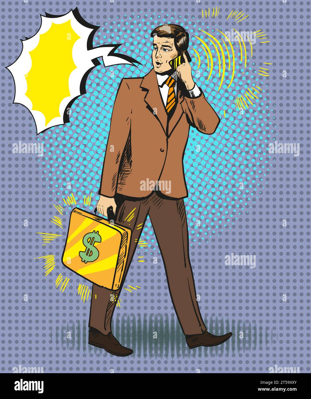 Illustrazione vettoriale di un uomo d'affari con una valigetta che parla al telefono, fumetto. Stile comico retrò pop art. Illustrazione Vettoriale