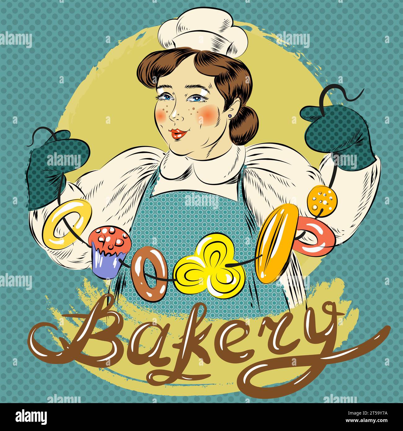 Illustrazione vettoriale di donna con pacchetto di bagel e altri dolci. Bakery Concept, stile comico retrò pop art. Illustrazione Vettoriale